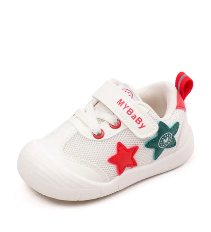 toddler shoes in red and white with breathable mesh upper, soft flexible sole, and secure hook-and-loop strap for comfort and stability