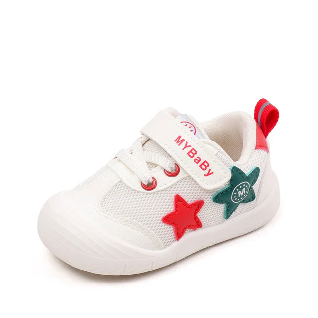 toddler shoes in red and white with breathable mesh upper, soft flexible sole, and secure hook-and-loop strap for comfort and stability