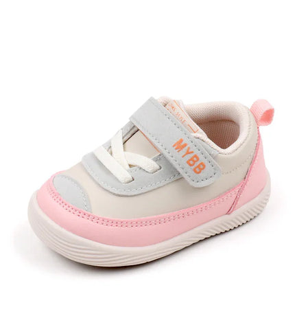 Gray and Pink Imported baby sneakers with a soft sole, breathable mesh upper, and secure hook-and-loop strap for comfort and stability