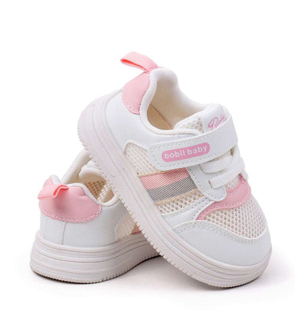 White and pink toddler sneakers with breathable mesh and Velcro straps – first walker shoes for girls