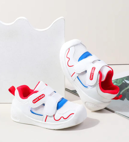 White toddler sneakers with red lining, blue accent and Velcro straps – lightweight baby shoes