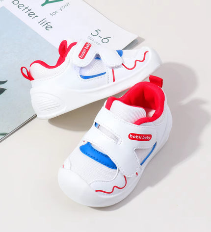 White toddler sneakers with red lining, blue accent and Velcro straps – lightweight baby shoes