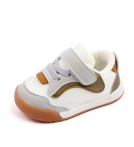White and Brown color combination Imported baby sneakers with breathable mesh upper, soft cushioned insole, and secure hook-and-loop strap for comfort and stability
