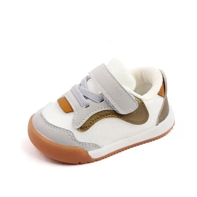 White and Brown color combination Imported baby sneakers with breathable mesh upper, soft cushioned insole, and secure hook-and-loop strap for comfort and stability