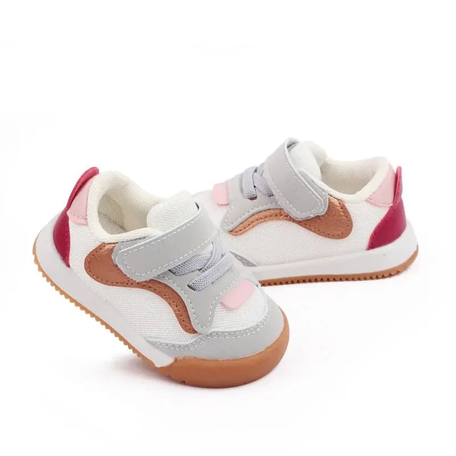 White and Pink  color combination Imported baby sneakers with breathable mesh upper, soft cushioned insole, and secure hook-and-loop strap for comfort and stability