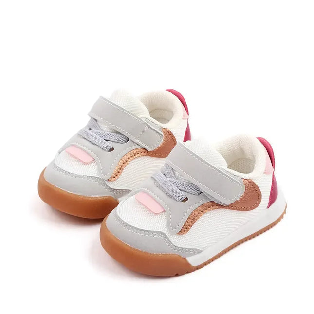 White and Pink  color combination Imported baby sneakers with breathable mesh upper, soft cushioned insole, and secure hook-and-loop strap for comfort and stability