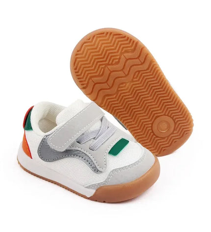 White and Green color combination Imported baby sneakers with breathable mesh upper, soft cushioned insole, and secure hook-and-loop strap for comfort and stability