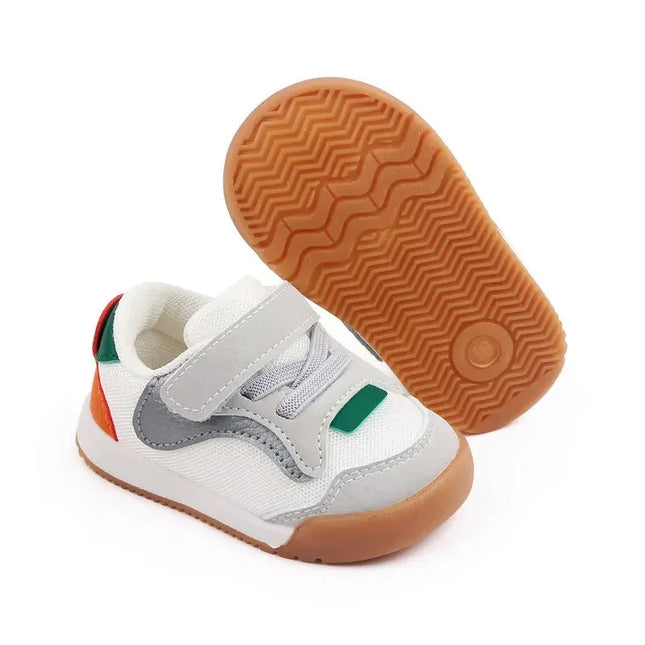 White and Green color combination Imported baby sneakers with breathable mesh upper, soft cushioned insole, and secure hook-and-loop strap for comfort and stability