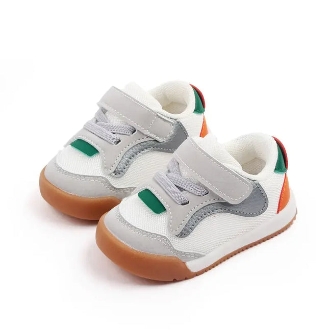 White and Green color combination Imported baby sneakers with breathable mesh upper, soft cushioned insole, and secure hook-and-loop strap for comfort and stability