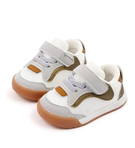 White and Brown color combination Imported baby sneakers with breathable mesh upper, soft cushioned insole, and secure hook-and-loop strap for comfort and stability