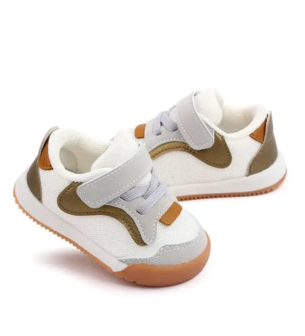White and Brown color combination Imported baby sneakers with breathable mesh upper, soft cushioned insole, and secure hook-and-loop strap for comfort and stability