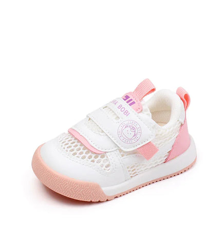 baby shoes in pink and white  with soft soles and a secure Velcro strap—comfortable and breathable footwear for infants and toddlers