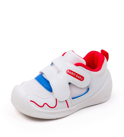 White toddler sneakers with red lining, blue accent and Velcro straps – lightweight baby shoes