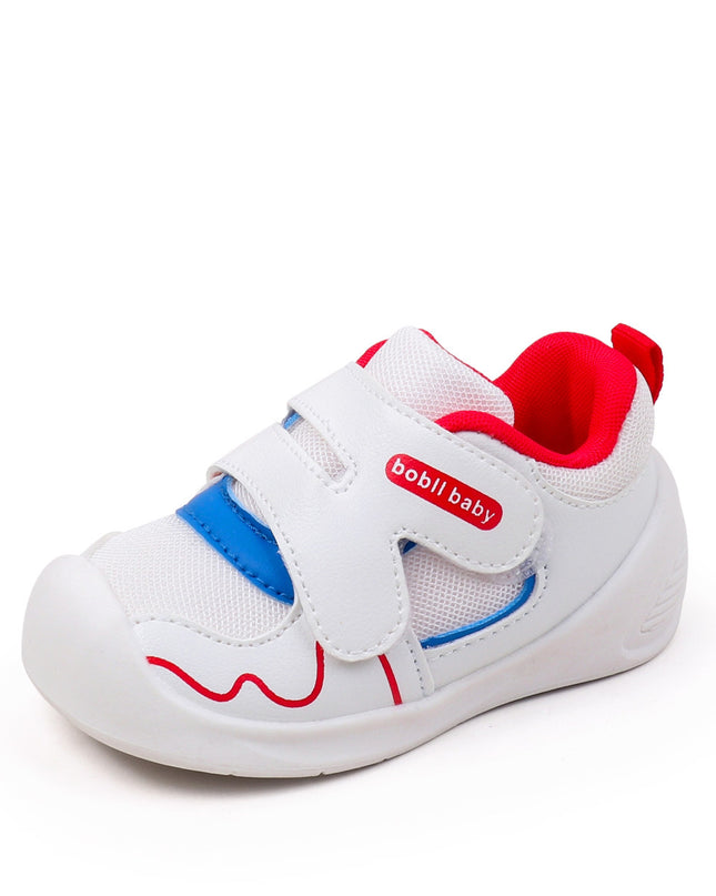 White toddler sneakers with red lining, blue accent and Velcro straps – lightweight baby shoes