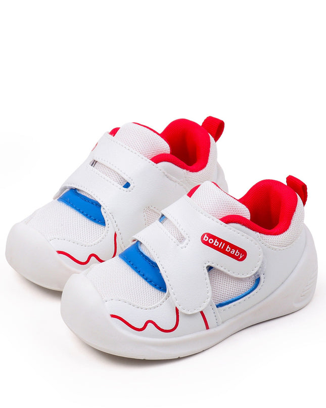 White toddler sneakers with red lining, blue accent and Velcro straps – lightweight baby shoes