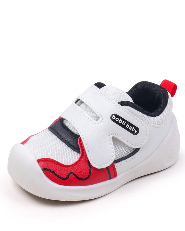 White toddler sneakers with black lining, red accent and Velcro straps – lightweight baby shoes