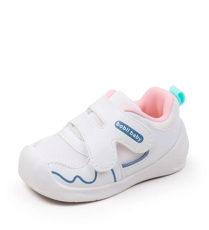 White toddler sneakers with pink lining and Velcro straps – lightweight baby shoes