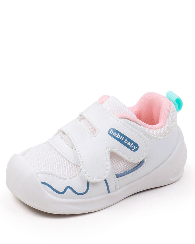 White toddler sneakers with pink lining and Velcro straps – lightweight baby shoes