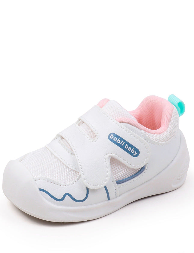 White toddler sneakers with pink lining and Velcro straps – lightweight baby shoes