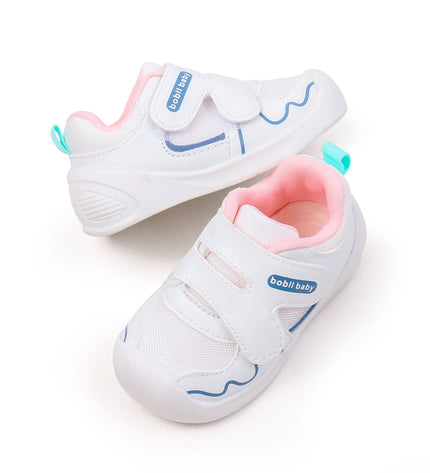 White toddler sneakers with pink lining and Velcro straps – lightweight baby shoes