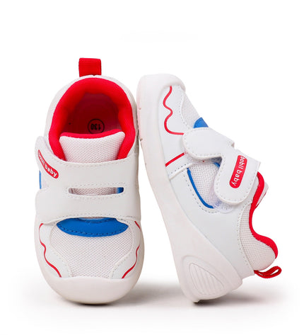 White toddler sneakers with red lining, blue accent and Velcro straps – lightweight baby shoes