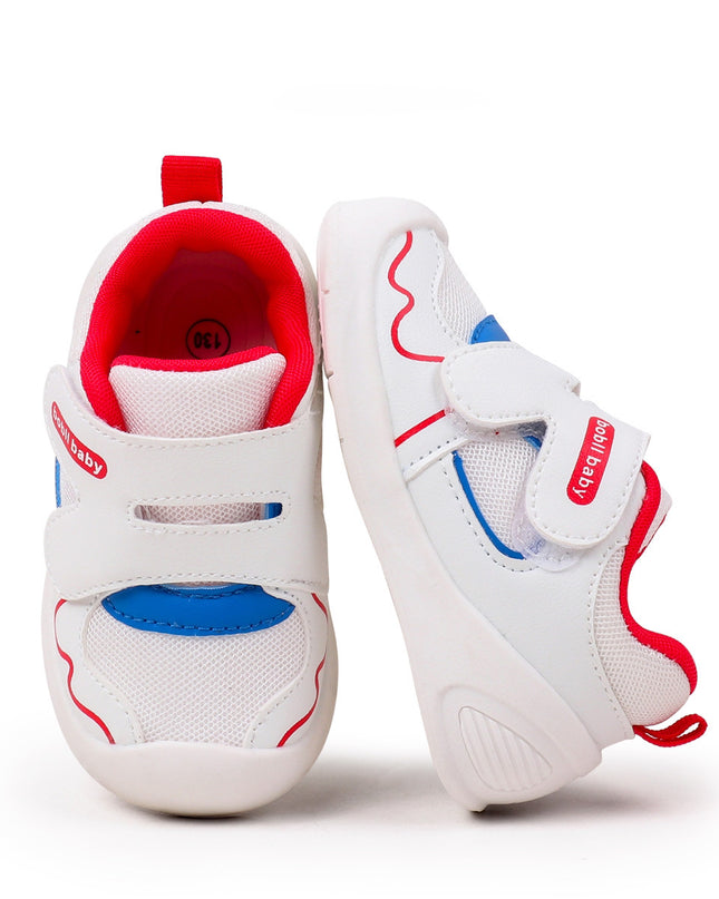 White toddler sneakers with red lining, blue accent and Velcro straps – lightweight baby shoes