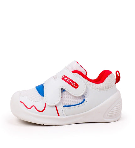 White toddler sneakers with red lining, blue accent and Velcro straps – lightweight baby shoes