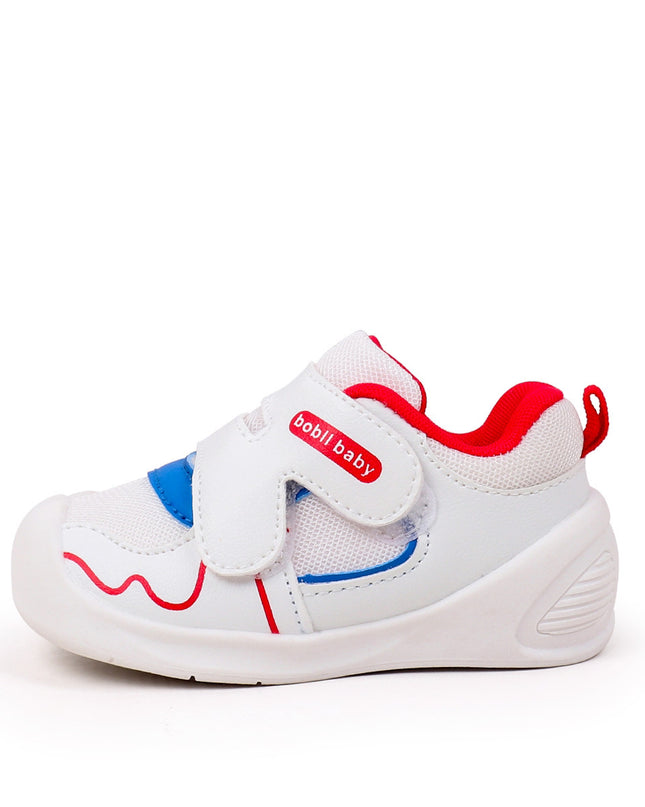 White toddler sneakers with red lining, blue accent and Velcro straps – lightweight baby shoes