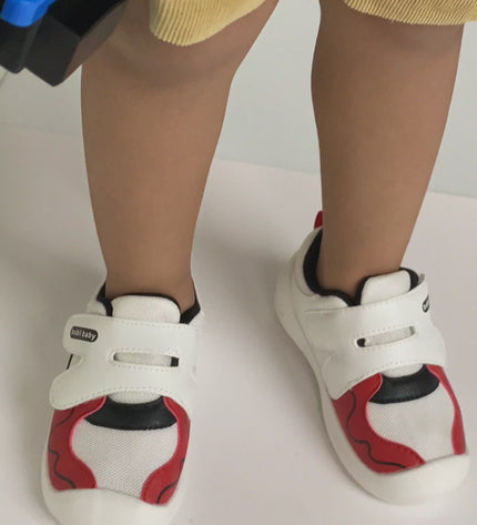 White toddler sneakers with black lining, red accent and Velcro straps – lightweight baby shoes kids shoes