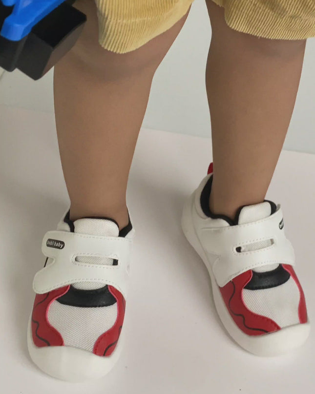 White toddler sneakers with black lining, red accent and Velcro straps – lightweight baby shoes kids shoes